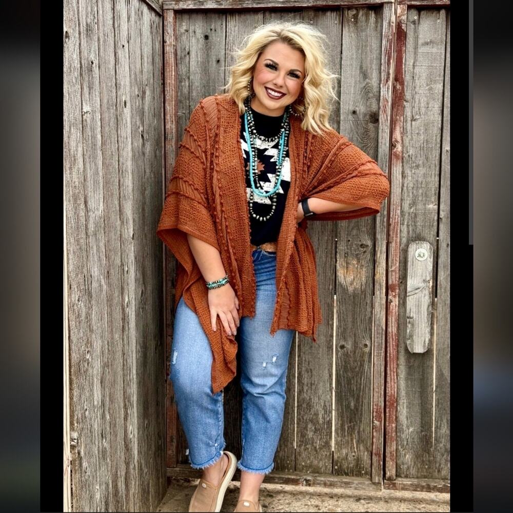 Texas True Rusty Brown Textured Waterfall Openfront Kimono Cardigan Womens OS